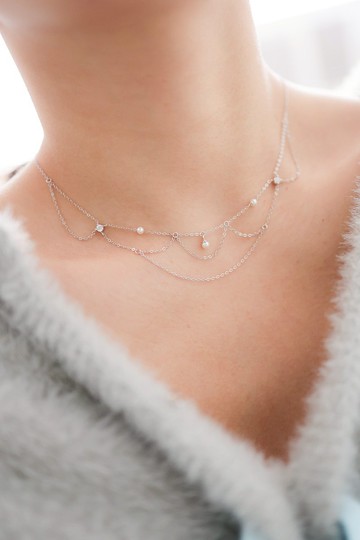 純銀珍珠 蕾絲 頸鏈 銀色