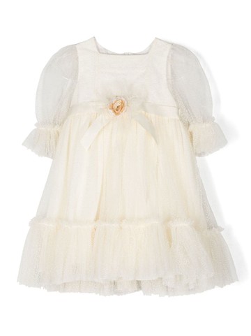Patachou - rose-detail tulle dress - kids - Polyester/Cotton - 4 - Neutrals