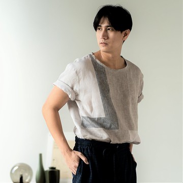 Blue & J 拼接三色亞麻短袖圓領襯衫 - 米色/灰色/銀色