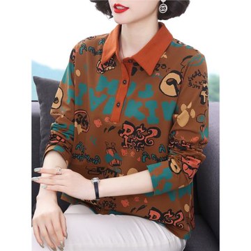 媽媽春秋上衣寬松Polo衫中老年洋氣長袖T恤大碼翻領純棉有領小衫