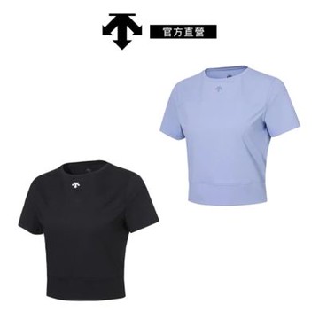 【DESCENTE】迪桑特 女士 扭結修身短版運動上衣 訓練上衣 (黑色/藍色)