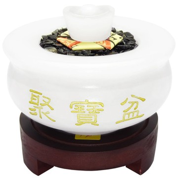 【吉祥開運坊】聚寶盆系列【白玉石聚寶盆小型 附五色石 五帝錢 元寶 底座】開光加持 擇日