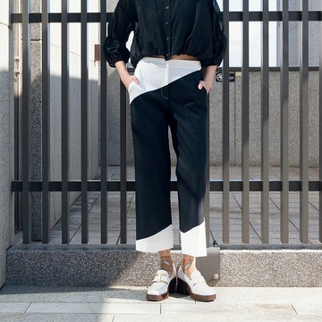 斜影黑白拼接直筒九分褲