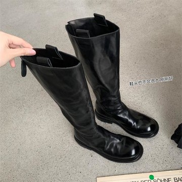 圓頭復古水洗顯瘦長筒靴女2025新款后拉鏈粗跟高筒騎士靴棕色靴子