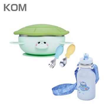 KOM - 【海洋歷險趣】不鏽鋼兒童矽膠學習餐具組-海龜-青青綠*1+湯匙-黃色*1+叉子-藍色*1+兒童隨身瓶350m...