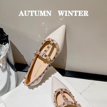 法式氣質尖頭單鞋女淺口2023年新款秋季小香晚風女士鉚釘平底鞋子