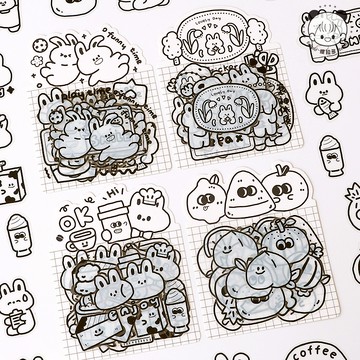 🍋檸檬青🍋 新款現貨奶白兔系列4款26/34枚入可愛卡通簡筆萌寵顆粒包PET防水貼紙手帳裝飾素材