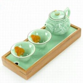 【快客杯-唐裝-一壺二杯一盤/套-壺250ml杯50ml-1套/組】青瓷茶具套裝乾泡功夫辦公茶具帶竹茶盤(包需加購)-7501015