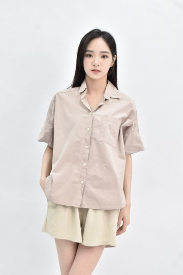 (S) muji 棉質純棉短袖杏色襯衫上衣
