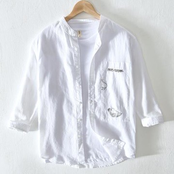 亞麻立領刺繡白襯衫男七分袖夏季寬松潮流時尚個性中袖棉麻襯衣潮