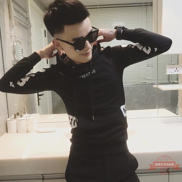 長袖帽t 上衣 秋季男緊身連帽套頭衫帥氣大學T社會精神小夥男上衣服潮流韓版T恤 大學T