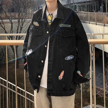 牛仔外套男秋季新款簡約刺繡設計感上衣美式復古潮牌寬松工裝夾克