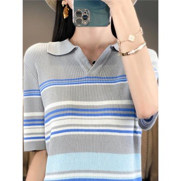 寬松夏polo領T恤針織衫條紋時尚短袖上衣新款2025小香風通勤體恤