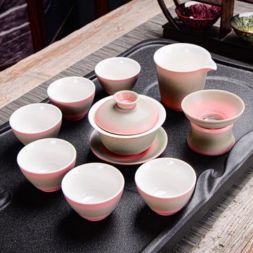 新款特色陶瓷功夫茶具套裝漸變色蓋碗家用茶具10頭商務禮品