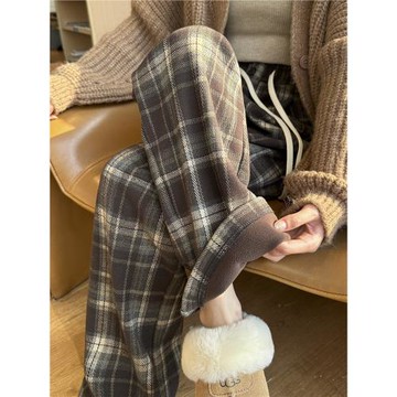 (免運)撞色加絨格子褲女春秋冬復古慵懶拖地直筒褲高腰垂感毛呢闊腿褲子