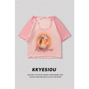 KKyesiou日系甜美皺褶正肩短款上衣女法式辣妹貓咪ins微胖短袖T恤