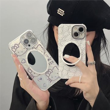 滿屏KT貓閃粉鏡頭膜iphone17/15鏡子手機殼卡通凱蒂貓16promax蘋果13/14適用電鍍銀羽紗保護殼全包愛心羽毛12
