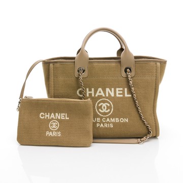 CHANEL 經典雙C LOGO Deauville藤織帆布金鍊手提肩背沙灘包(芥末黃)