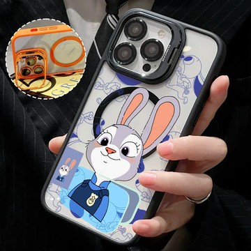 呆萌萌兔子 磁吸手機殼 金屬鏡頭支架 保護殼 適用於iPhone 17 16 15 14 13 12 11 Max防摔殼