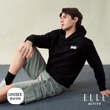 ELLE ACTIVE-80週年藝術家聯名系列 男女共款 彩繪藝術印花連帽T恤-黑