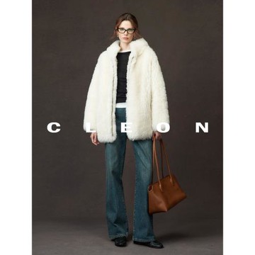 CLEON新款秋冬冰島毛連帽休閑廓形中長款皮毛一體外套女