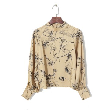 秋季女裝法式復古印花氣質立領套頭長袖寬松百搭襯衫白菜價