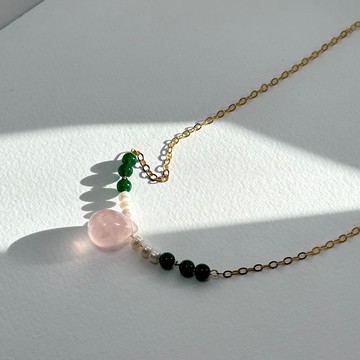 【巨蟹座獅子|7月】水滴粉晶淡水珍珠綠瑪瑙鍍金項鏈 桃花人際