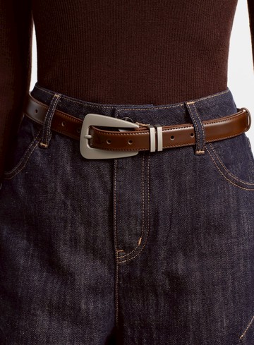 真皮霧銀椭圓造型皮帶