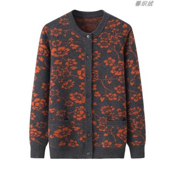 秋冬新款中老年羊絨衫女奶奶圓領針織開衫保暖加厚紅色毛衣外套