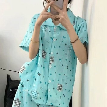 多巴胺 ins 可愛 海鹽星星 睡衣女 夏季 新款 時尚 潮流 短袖 短褲 網紅款 少女 家居服 套裝 外穿 睡衣