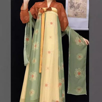 唐制漢服女成人春夏款唐制壹片式齊胸破裙印花復原款白菜日常顯瘦鑫弘-素時衣櫥