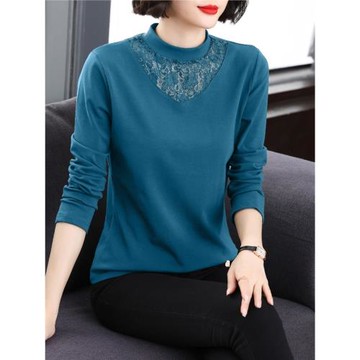 半高領蕾絲打底衫女春秋內搭純棉大碼中年媽媽長袖t恤黑色上衣