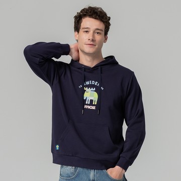 moz瑞典 環形格紋駝鹿 100%純棉 帽T-深藍(亞洲版) 男款