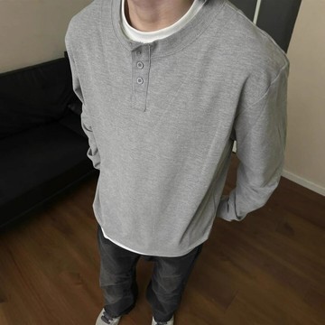 假兩件華夫格長袖T恤男女春秋季亨利領上衣打底針織衫鑫弘-衣錦男裝