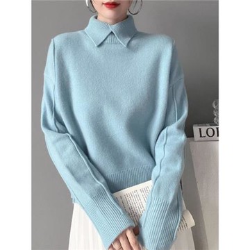 法式藍色翻領長袖針織衫毛衣女冬季內搭打底衫寬松毛衣設計感上衣