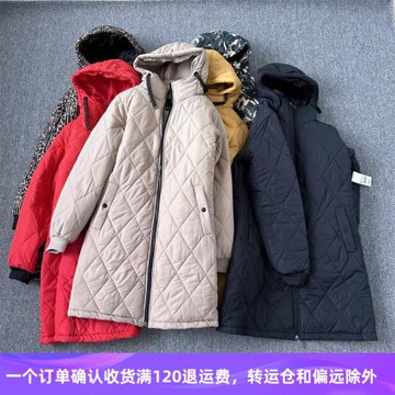 出口歐美單 大碼中長款菱形格棉衣女連帽防風戶外減齡秋冬外套