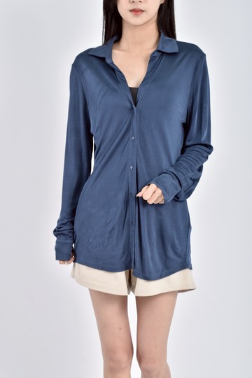 (L) massimo dutti質感素面排扣藍色長袖上衣