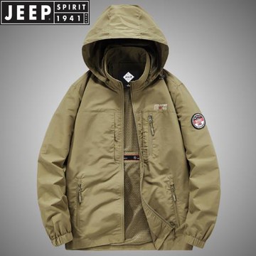 JEEP吉普男士夾克春秋款休閑寬松大碼男裝上衣服戶外連帽防風外套