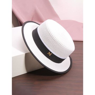 韓國平頂小檐草帽子女夏天遮陽防曬草編涼帽網紅夏季時尚英倫禮帽