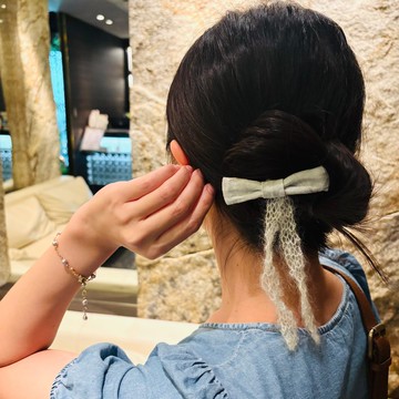 髮夾/淺綠蝴蝶結/搭配毛線絲帶 手作 髮飾