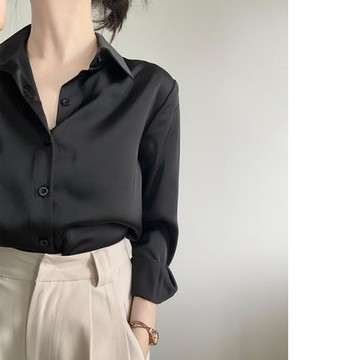 免燙OL職業面試打底襯衫女春秋新款高級感緞面小個子黑色長袖襯衣