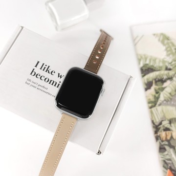 Apple Watch 全系列通用錶帶 蘋果手錶替用錶帶 雙釘扣 雙色真皮錶帶-褐x杏色