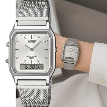 CASIO 卡西歐 學生錶 復刻方型雙顯電子指針編織帶手錶 七夕寵愛季 送禮推薦 AQ-230EM-7A