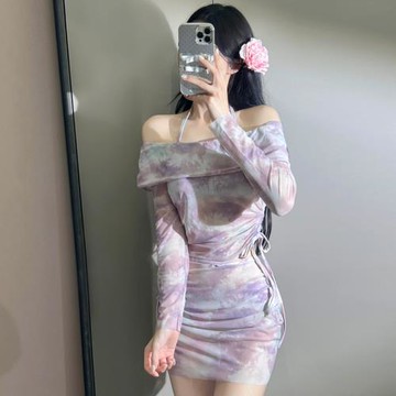 2024新款爆款泳衣女花色暈染包臀裙荷葉邊四件套比基尼泳裝溫泉