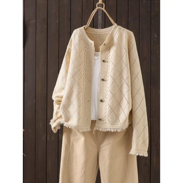 時尚短款圓領針織開衫女2024秋季新款洋氣菱格流蘇百搭毛衣外套