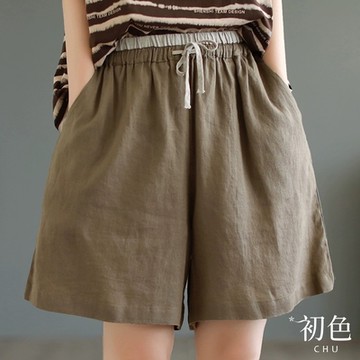 初色 簡約棉麻風涼爽透氣撞色拼接繫帶彈性腰圍顯瘦寬褲闊腿褲短褲五分褲-共5色-70065(M-2XL可選/現貨+預購)