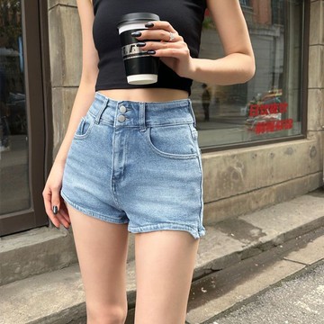 胖胖美依 熱褲 短褲  牛仔褲 S-2XL牛仔短褲淺藍色彈力高腰a字熱褲子潮顯瘦牛仔褲-7538.