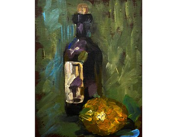 酒畫檸檬原創厚塗畫酒瓶藝術