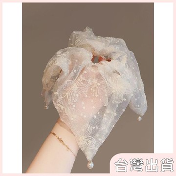 ✨臺灣出貨✨【飾飾如意】高級感發飾設計感絹紗刺繡發繩氣質溫柔波點珍珠方巾吊墜扎發發圈