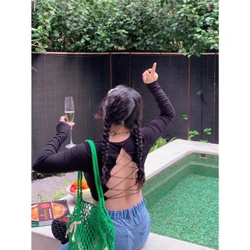 金大支露背T恤女長袖2025年新款春季設計感小眾獨特別致短款上衣